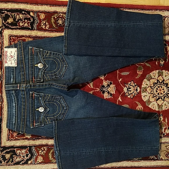 True Religion 25 Long Flap pocket Joey twist Boot Orange stitching Distressed - Picture 2 of 14